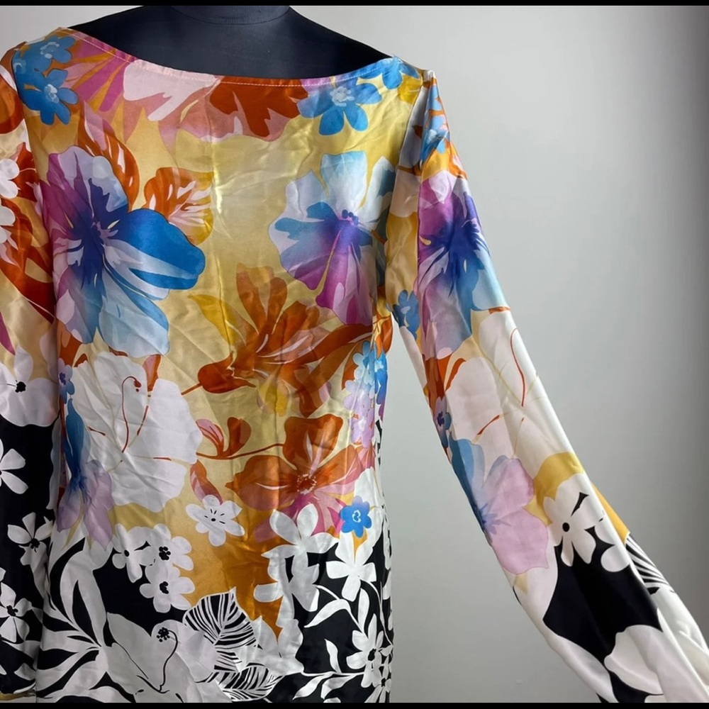 Caché Floral Print Multicolor Long Sleeve Scoop Neck Silk Blouse Size M - Picture 8 of 9